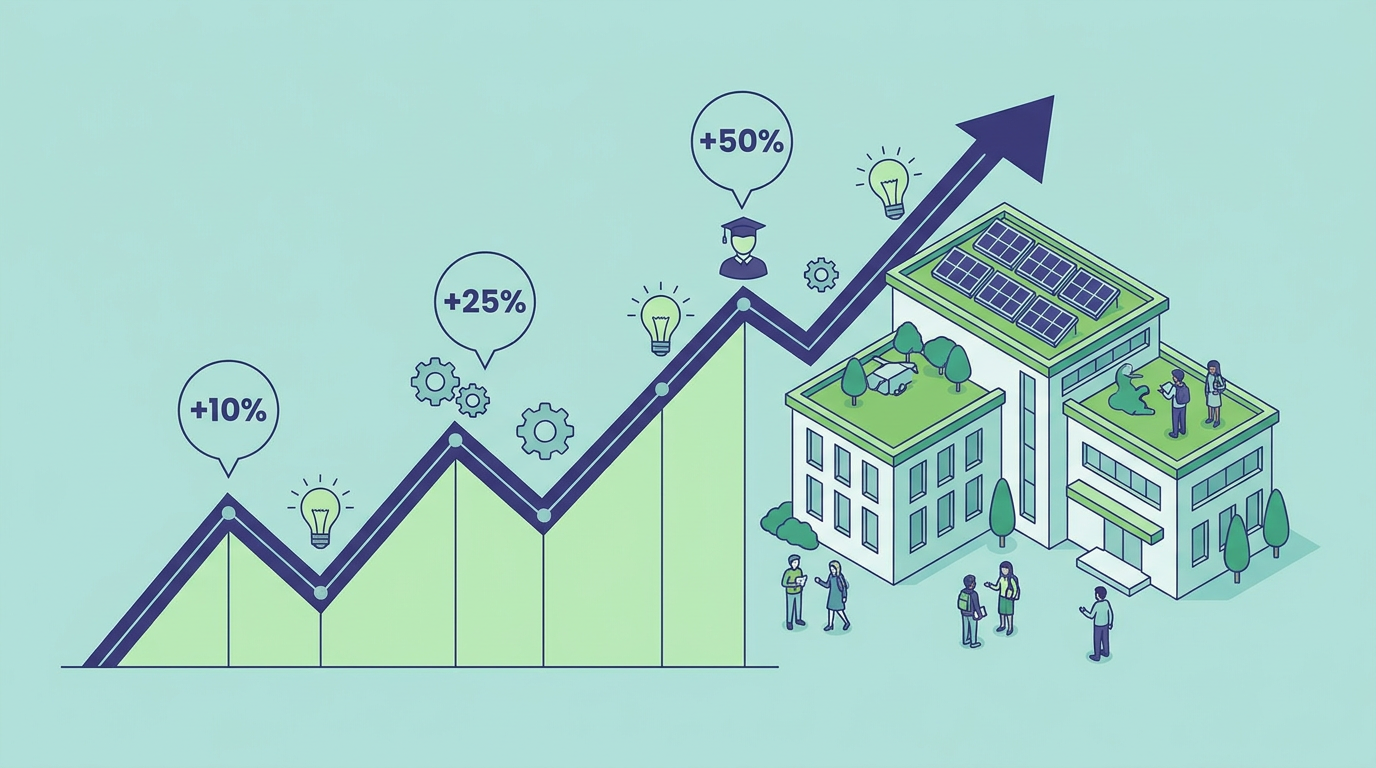 A clean vibrant flat vector illustration of a modern Indian K-12 school building beside graphical charts displaying an upward fee collection rate of 98%.
