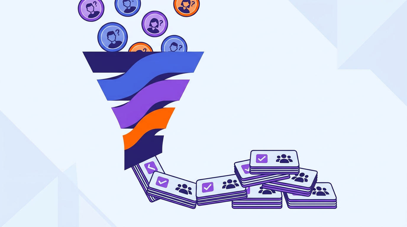 A vibrant flat vector illustration of an admissions funnel collecting student inquiry badges and converting them into registered batch rosters.