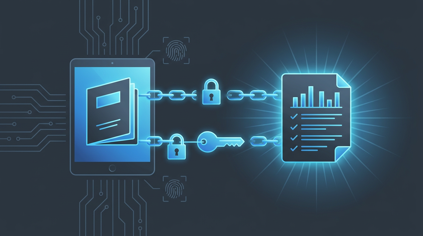 A digital exam booklet linked to secure keys and a glowing compiled transcript sheet.