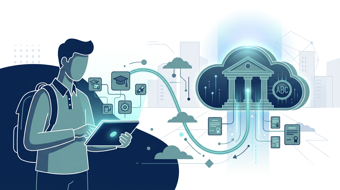 A premium flat vector illustration representing the digital roadmap of NEP 2020 with interconnected credit bank icons and digital university portals.
