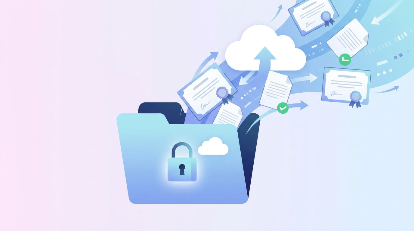 A premium flat vector illustration of a digital folder receiving secure uploaded certificates and files with green checkmarks.