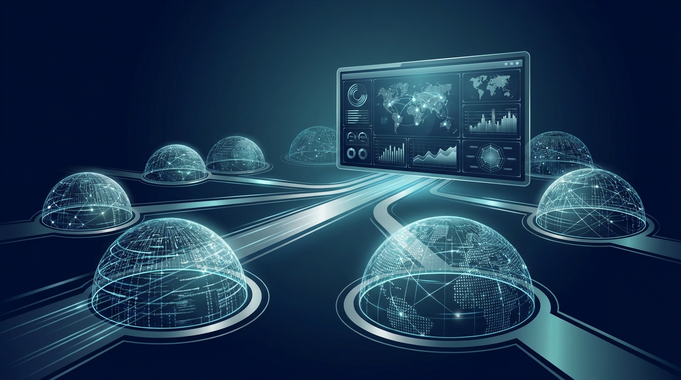 A premium corporate vector graphic showing multiple interconnected digital campus domes converging into a central executive dashboard screen.