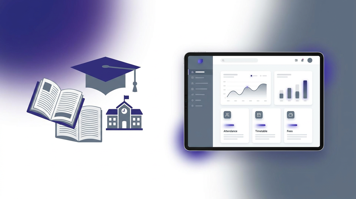 A sleek flat design vector illustration of an Indian school ERP dashboard displaying student rosters, fee statuses, and administrative reports.