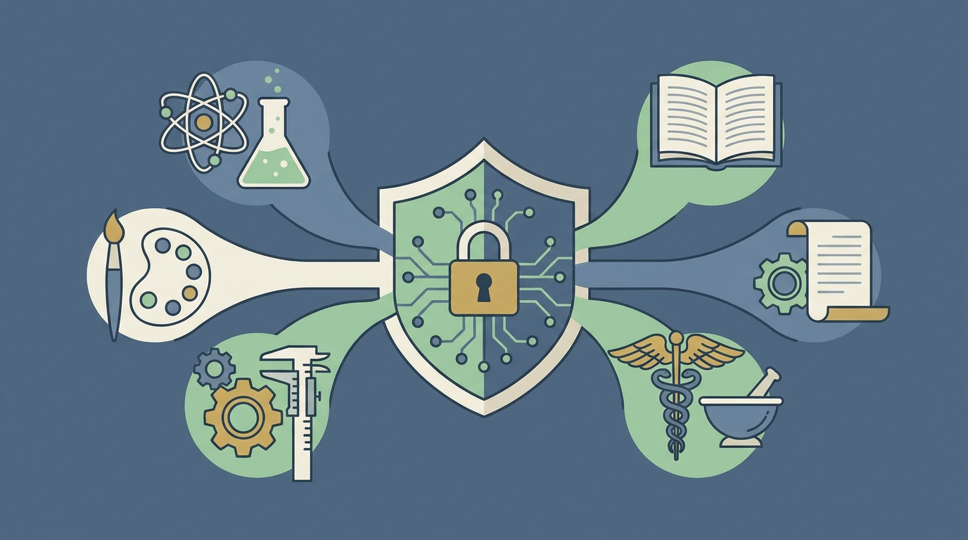 A beautiful flat vector layout of five different academic discipline icons merging cleanly into a single secure college database shield.